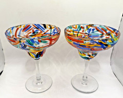 Set of 2 Pier 1 Confetti Margarita Glass Multicolor Retired Fused Art Glass