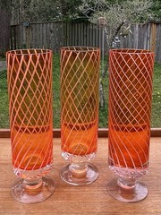3 Mid Century Modern Stemmed Orange White Swirl Handblown Highball Glasses Set
