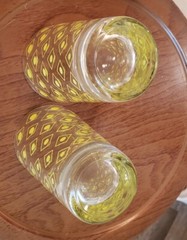 Set Of Two Vintage Glasses Clear With Yellow Squares With Yellow Dots