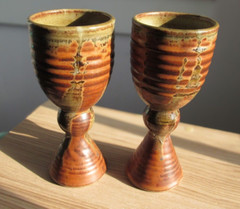 Two Artisan Pottery Goblets- Studio. Artist Signed Wine Glasses- Browns $ Greens