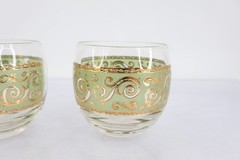Culver Toledo Set 2 Roly Poly Drinking Glasses MCM Green Gold 22k Barware 1950s