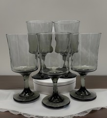 Libbey Smoke Gray Optic Swirl Water Goblets Set 5 Wine Glass Vintage MCM 1970s