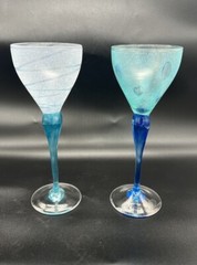 Pair Vintage Art Glass Blue Cocktail Wine Goblet Norway 1992 Signed Hadeland K.U