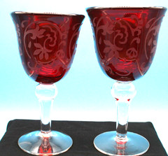 2 Ruby Red Etched Filigree Goblets 7-1/8″ & 7-1/2″ Tall