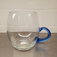 Delicate Glass Mug Blue Handle Made in Romania Vintage Roumania Sticker 4″ tall