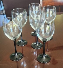 Domino Signature Black 6 Tall Water/Wine Goblets 8-1/8″ France Hand Blown