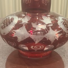 ATG Egermann Bohemian Style Ruby Red Etched Bulb Decanter 14.5 Inch Tall