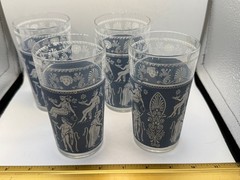 Set 4 Greek Revival Highball Glasses Tumblers Blue White Silver Figural Motif