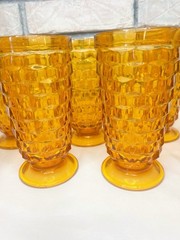 Indiana Colony Whitehall Amber Glass Vintage Tumblers Set of 9 Geometric Cube