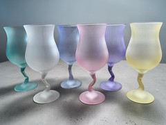 Postmodern Set x6 Libbey Z Stem Zig Zag 1980s Pastel Frosted Satin Wine Glasses