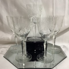 Weston Style Vintage Etched Floral 7.5” Clear Wine Goblet – Set of 5