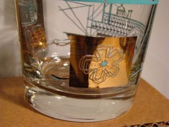 8 Libbey Steamboat Bar Glasses Gold & Blue 3.5 Inches Tall Southern Comfort