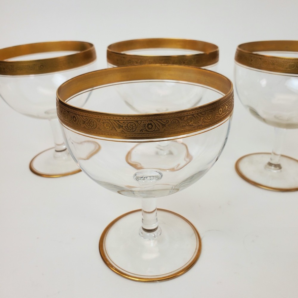Set of 4 Italian Crystal w/Gold Encrusted Swag Rim Dessert Glasses 5.5″H X 4.5″W