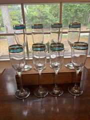 Set of 8 – Glass Champagne Flutes w/ Blue Teal & Gold Trim Mid Century Modern 9″