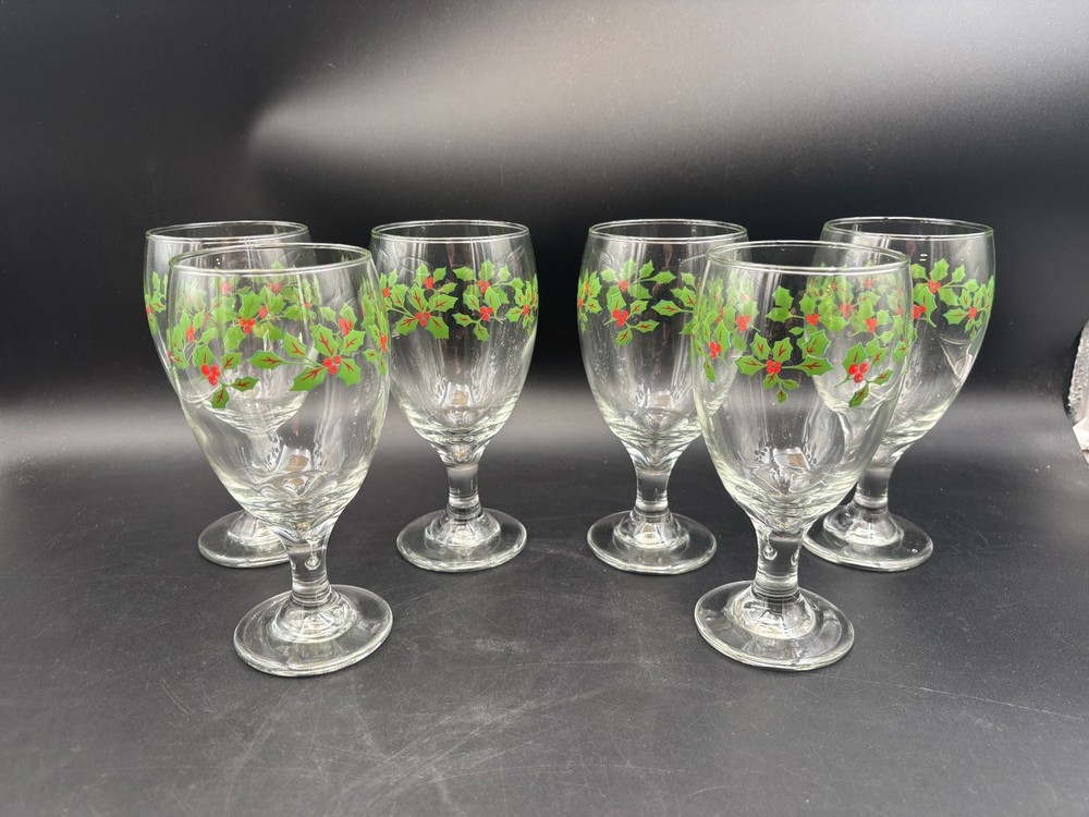 Set of 6 ~ Libbey «HOLLY HOLIDAY» Iced Tea/Water Goblets ~ 7″ Tall