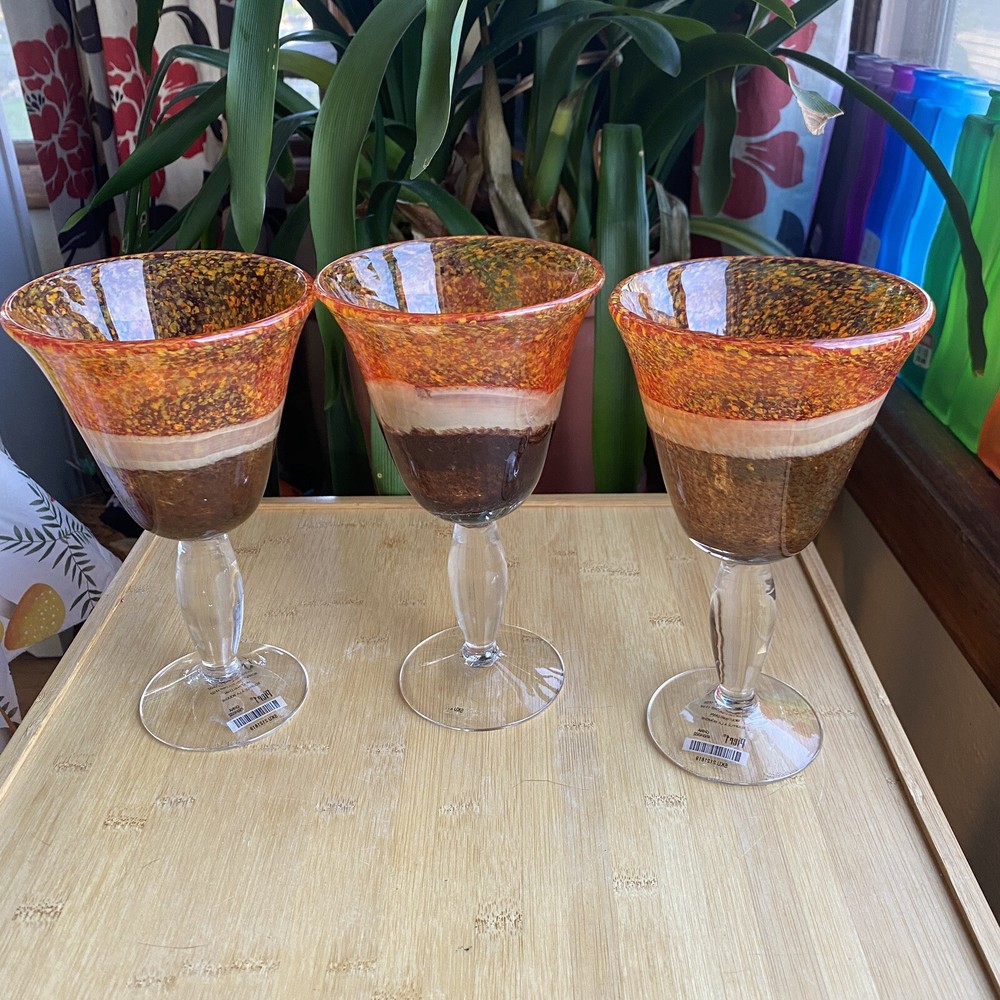 Pier 1 Canyon Stripe Hand Blown Tri Color Glass Wine Water Goblets Set Of 3