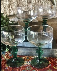 Libbey Set of 4 Cactus Margarita Glasses 16oz Green Stem Barware Excellent