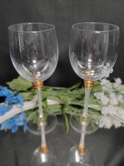 2 White Frost Stem, Triple Gold Lozenge Crystal Wine Glasses Pair Set