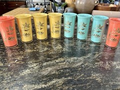 Vintage MCM 8 Thermal Insulated Gold Leaf 10 Oz Tumblers Turq Gold Orng GC