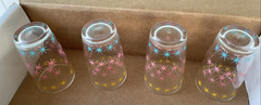 VTG 4 Anchor Hocking Glasses Atomic Starburst Pink Blue Yellow Juice Glasses