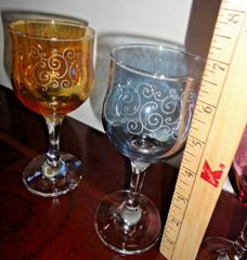 CRISTALLERIA FRATELLI FUMO SET / 3 ETCHED AMBER BLUE & PURPLE WINE GLASSES ITALY