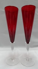 Set of 2 Ruby Red Bohemian Czech Republic Champagne Flute Blown Glasses 10 1/2”