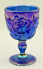 Vintage Madonna Inn Wild Rose Cobalt Blue Iridescent Carnival Glass Wine Goblet