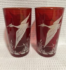 (2) Vtg. Anchor Hocking-Royal Ruby Glass W/White Flying Geese/Cattails-Tumblers