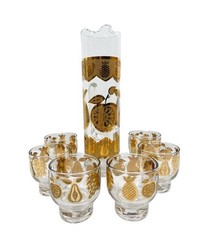 Vintage Culver Florentine Pattern Cocktail Pitcher & 6 Old Fashioned Glasses 22k