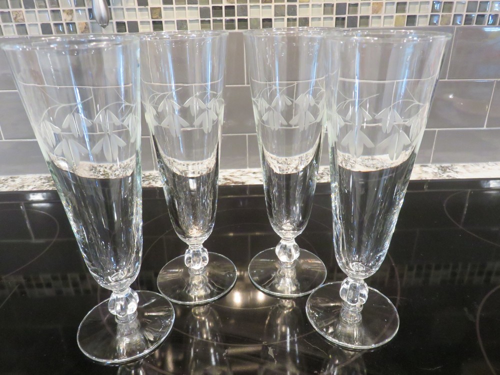 Cut Floral Etched 8 1/2″ Footed Pilsner Beer Glasses Princess House ?? LOOK