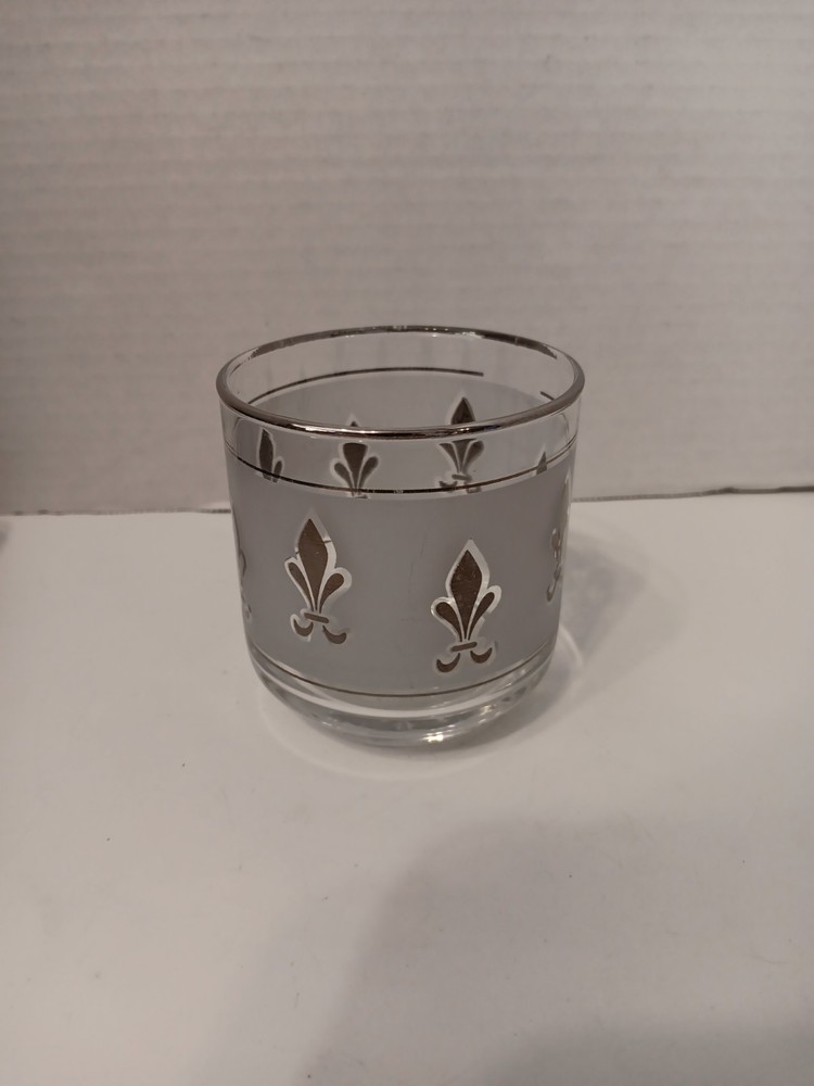 Vintage Libbey Fleur De Lis Silver Frosted Whiskey Rocks Glass MCM