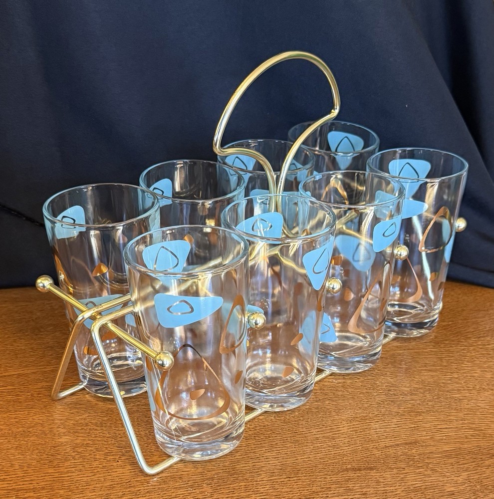 Federal Glass-Atomic Amoeba-Boomerang Highball Glasses-MCM-Set of 8 With Caddy