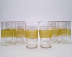 Vtg. Small Granite Yellow band and Clear Glasses (set of 10) Retro 60s Glasses