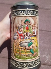 Original Vintage German Ceramic Hand Painted Glazed Pewter Lid Beer Stein
