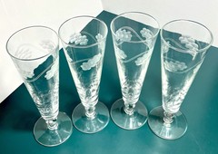 4 Libbey Glenmore Etched 6 Petal Floral Designed Glass Pilsner Glasses 8.5”