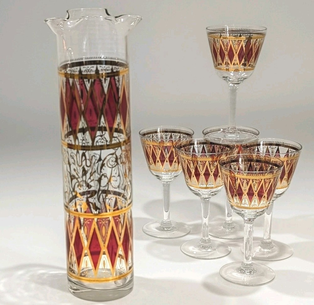 Vtg MCM West Virginia Glass Pitcher Mixer 6 Glasses Set Cranberry Diamond Gold