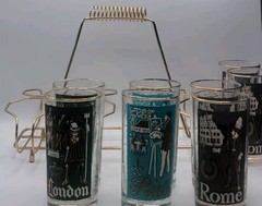 Vtg Libbey International Cities of The World S/8 Highball Glasses w/ Carrier