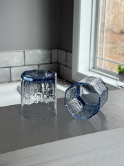 2 LIBBEY Facets Light Blue Old Fashioned Rock Glasses, Octagon Shape