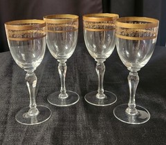Vintage American Cut Crystal Wine Glasses w/ Gold Oak Leaf Embellishments