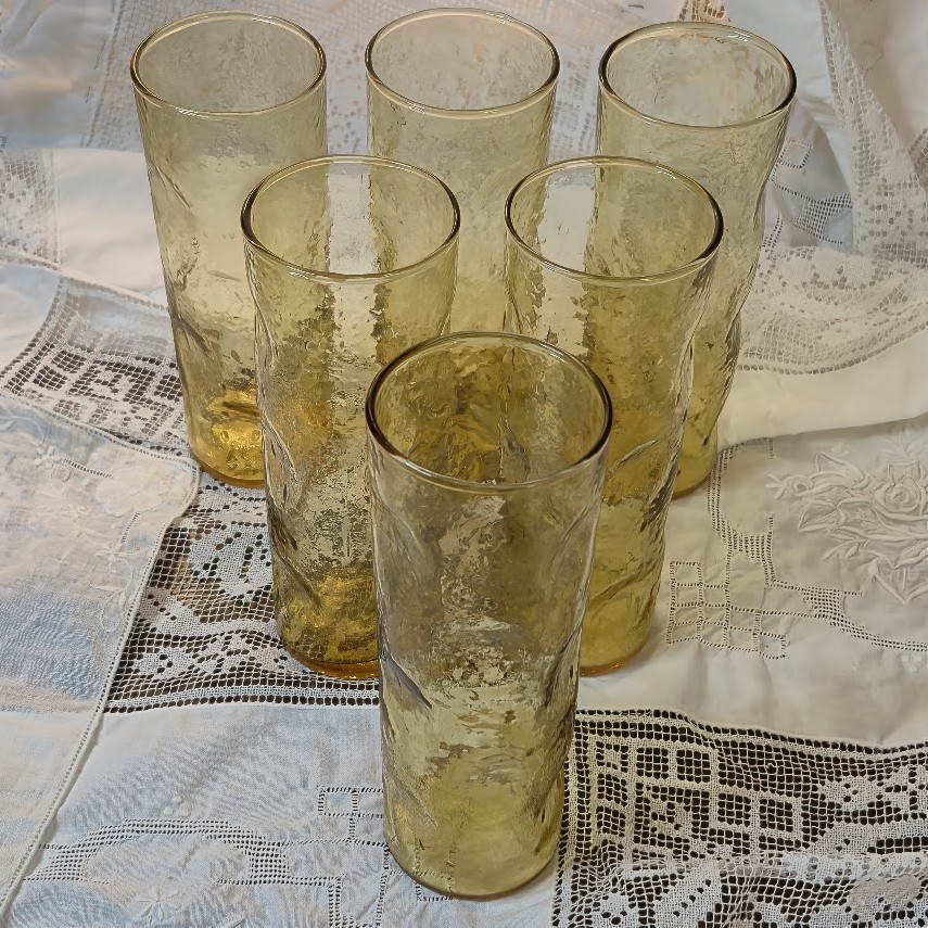 MCM Tom Collins Flat Tumbler Thumbprint Texture Amber Honey Vintage 6 count set