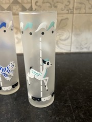 Vintage MCM c.1950 s Libbey Frosted Glass Circus Animals Carousel 3Tumblers