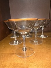 6 Tiffin-Franciscan Wine Glasses Crystal Clear Panel Optic Gold Trim VTG Glow
