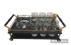 MCM Barware Cart Ice Bucket Set & 8 Glasses Turquoise & Gold Anchor Hocking