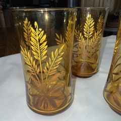 Vintage Libbey Gold Bounty (Wheat and Ribbon) Amber Drinking Glasses 5″ Lot Of 4