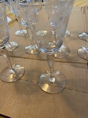 Set of 10 unbranded vintage cordial glasses with deep etched floral pattern