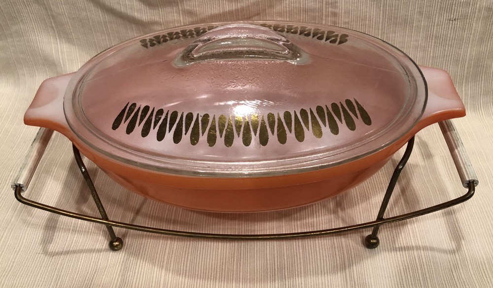 MidCentury Orange Glasbake 1Qt Covered Casserole J2274-75 W/Wire Stand
