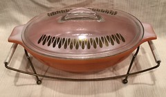 MidCentury Orange Glasbake 1Qt Covered Casserole J2274-75 W/Wire Stand
