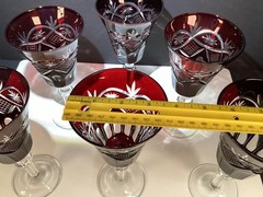 6 VTG bohemian ruby Red cut to clear glasses/goblet water/wine