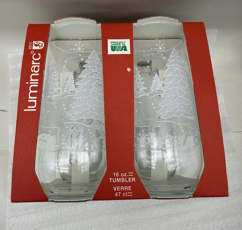VINTAGE LUMINARC DURAND USA SET of 4 CHRISTMAS CLEAR GLASS 16 oz TUMBLER GLASSES