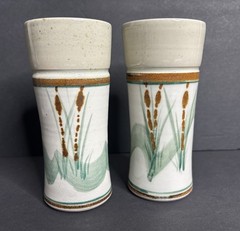 2 Jensen Turnage Pottery Tumblers Cattail Reed Handmade Hand Painted *READ